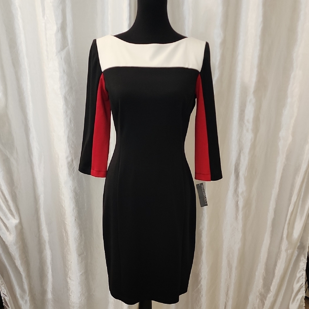 Covington Black and White Sheath Dress with Bell Sleeves